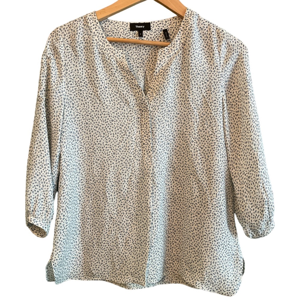 Theory 100% Silk Blouse White Blue Print Light Office Casual